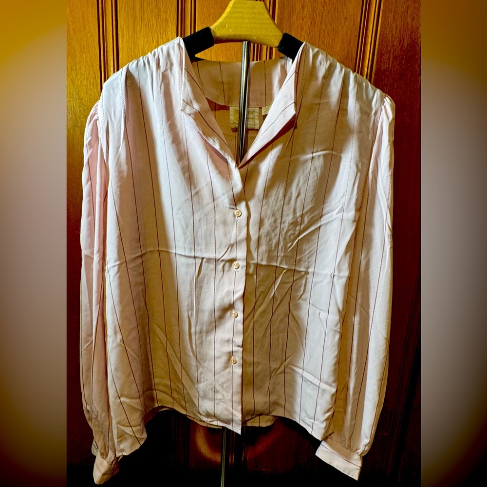Vintage Anne Klein Size 14 Collared Button Down Blouse In Blush Pink